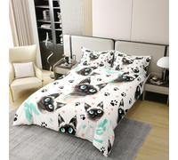 Manfei Set copripiumino in 100% cotone con gatti carini, set di biancheria da letto per letto super king size, 3 pezzi, con stampa di cuori rosa e zampe nere, decorazione per la camera dei bambini