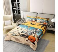Manfei Set copripiumino in 100% cotone con scheletro sulla spiaggia, set di biancheria da letto per letto matrimoniale, 3 pezzi, con copripiumino per Halloween, zucca, pipistrello, decorazione per la