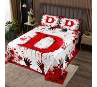 Manfei Set copripiumino king size con lettera D rossa e stampa di mani di sangue, 3 pezzi, copriletto trapuntato a tema Halloween con 2 federe, decorazione per la camera dei bambini e ragazzi, morbida