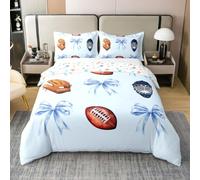 Manfei Set copripiumino matrimoniale con 2 federe, motivo rugby americano, con grazioso fiocco blu, decorazione per la camera da letto dei bambini, con casco, guanti sportivi, non piumino