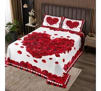 Manfei Set copripiumino matrimoniale con rose rosse, fiori rossi e cuori, set da 3 pezzi, copriletto trapuntato floreale a tema San Valentino con 2 federe, decorazione per la camera dei bambini e