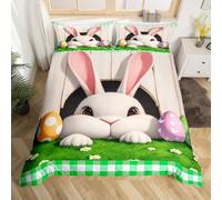Manfei Set copripiumino per letto matrimoniale, motivo coniglio con uova colorate, 3 pezzi, copripiumino a quadri verde pasquale, decorazione per la camera dei bambini e ragazze, copriletto leggero, 2