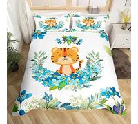 Manfei Set copripiumino per letto singolo, motivo: tigre con 1 federa, motivo floreale blu e foglie verdi, set di biancheria da letto per bambini, ragazzi e ragazze, decorazione per la camera da letto