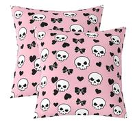 Manfei Set di 2 federe per cuscino con teschio in stile cartone animato, 61 x 61 cm, con fiocco, cuori, per soggiorno, alla moda, decorative, rosa, nero, morbide federe per cuscini