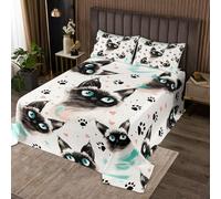 Manfei Set di 3 copriletto king size con gatti carini a tema animale, set da 3 pezzi, copriletto trapuntato con stampa di cuori rosa e zampe nere, con 2 federe, decorazione per la camera dei bambini e