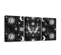 Manfei Set di 3 stampe artistiche da parete su tela con falena della morte, stile bohémien, sole, luna, stelle, decorazione per la casa, per soggiorno, camera da letto, da appendere alla parete, in