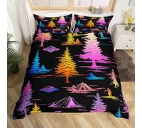 Manfei Set di biancheria da letto con alieni UFO con tenda, alberi, mistero, alieni, copripiumino colorato sfumato con schizzo per ragazzi e ragazze, decorazione per la camera da letto nero e viola