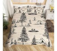 Manfei Set di biancheria da letto con copripiumino con motivo UFO con alieni e disegno della giungla, per bambini e ragazzi, tenda con alberi, mistero, grigio cachi, 2 pezzi, per letto singolo, senza