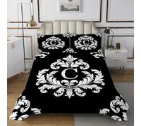 Manfei Set di biancheria da letto con copripiumino damascato con motivo floreale e monogramma con lettera C, 2 pezzi, per bambini, adolescenti, soggiorno, stile vittoriano, barocco, trapuntato