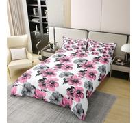 Manfei Set di biancheria da letto con copripiumino in 100% cotone con motivo floreale ad acquerello, per letto matrimoniale, 3 pezzi, motivo floreale botanico con foglie, decorazione per la camera dei