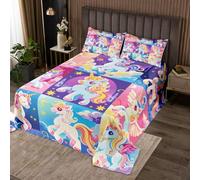 Manfei Set di biancheria da letto con copripiumino per bambini, ragazzi e ragazze, copriletto trapuntato decorativo, motivo unicorni a quadri, motivo animali da sogno, colore viola e blu, per letto