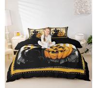 Manfei Set di biancheria da letto con copripiumino per Halloween, per letto singolo, motivo gotico, gatto, pipistrello, ragnatela, 2 pezzi, con stampa a righe arancioni, decorazione per la camera di