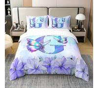 Manfei Set di biancheria da letto con copripiumino per letto matrimoniale, 100% cotone, motivo floreale di loto con sfumatura ad acquerello, decorazione per la stanza, con monogramma lettera G, viola