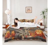 Manfei Set di biancheria da letto con copripiumino per letto matrimoniale, motivo gatto con foglie d'acero autunnali, 3 pezzi, tema autunno Halloween, decorazione per la camera dei bambini, ragazzi e