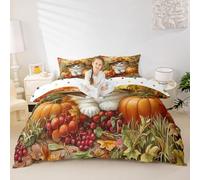 Manfei Set di biancheria da letto con copripiumino per letto singolo, motivo gatto autunnale, zucca, girasole, frutta, 2 pezzi, tema raccolto autunnale, decorazione per la camera dei bambini, ragazzi