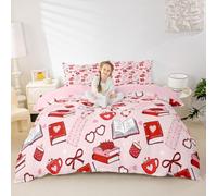 Manfei Set di biancheria da letto con copripiumino per San Valentino, per letto singolo, con lettera d'amore rossa, 2 pezzi, per bambini, ragazze, ragazzi, decorazione per la camera da letto