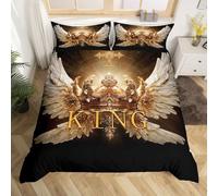 Manfei Set di biancheria da letto con corona 3D e ali bianche, stile metà secolo, per bambini e ragazzi, moderno, lussuoso, copripiumino dorato per camera da letto, 3 pezzi, super king, senza piumino