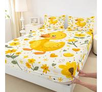 Manfei Set di biancheria da letto con lenzuolo con angoli, per letto singolo, motivo con fiori gialli e cuori, 2 pezzi, motivo animali dei cartoni animati, con 1 federa, decorazione per la camera di