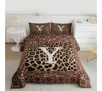 Manfei Set di biancheria da letto con stampa leopardata per bambini, con monogramma e lettera Y, decorazione per la camera di ragazzi e ragazzi, con texture in pelle di animali selvatici, con 1 federa
