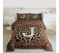 Manfei Set di biancheria da letto con stampa leopardata per bambini, con monogramma lettera J, decorazione per la camera di ragazzi e ragazzi, motivo pelle di animali selvatici, con 1 federa per tutte
