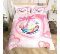 Manfei Set di biancheria da letto da baseball carino con fiocco e cuore, copripiumino da ragazza e ragazza, decorazione per la camera da letto matrimoniale, rosa, 3 pezzi, senza piumino