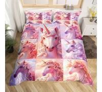 Manfei Set di biancheria da letto da sogno con unicorni carini e patchwork, copripiumino con cavallo magico, per ragazzi e ragazze, decorazione per la camera da letto matrimoniale, 3 pezzi, senza