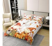 Manfei Set di biancheria da letto matrimoniale con gnomo autunnale, 100% cotone, motivo zucca, girasole, foglie marple, 3 pezzi, copripiumino in legno grigio, decorazione per la camera dei bambini