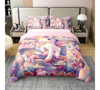Manfei Set di biancheria da letto per bambini e bambine, copripiumino super king size, 100% cotone, motivo con unicorni e nuvole da sogno, patchwork, morbido, viola, rosa, decorazione per la camera da