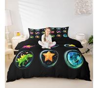 Manfei Set di biancheria da letto per letto matrimoniale, motivo: dinosauri, razzo, stelle, pianeta, 3 pezzi, con copripiumino e federe, decorazione per la camera dei bambini, ragazzi e ragazze, 2