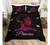 Manfei Set di biancheria da letto per letto matrimoniale, motivo principessa e ragazza nera afroamericana, 3 pezzi, corona dorata a pois colorati, decorazione per la camera dei bambini, ragazzi e