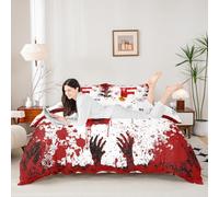 Manfei Set di biancheria da letto per letto singolo con copripiumino con lettera F rossa, stampa di mani e sangue in acquerello, 2 pezzi, tema Halloween, decorazione per la camera di bambini, ragazzi