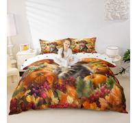 Manfei Set di biancheria da letto per letto singolo con copripiumino e federe, motivo gatto, zucche, girasole, foglie d'acero, 2 pezzi, collezione autunnale, decorazione per la camera dei bambini