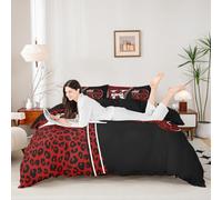 Manfei Set di biancheria da letto per letto singolo con copripiumino per letto queen e king size, stampa leopardata rossa e nera, 2 pezzi, con lettere K e Q, decorazione per la camera dei bambini