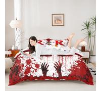 Manfei Set di biancheria da letto per letto singolo con copripiumino rosso con lettera R, stampa di sangue e mani in acquerello, 2 pezzi, tema Halloween, decorazione per la camera di bambini, ragazzi