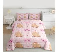 Manfei Set di biancheria da letto per letto singolo con motivo Capybara, 2 pezzi, con stampa di fiocchi rosa, stelle e cuori, in piuma per tutte le stagioni, decorazione per la camera di bambini