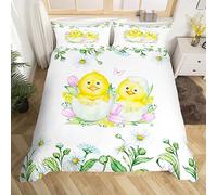 Manfei Set di biancheria da letto per letto singolo, motivo: pulcino giallo, con foglie verdi e margherite bianche, 2 pezzi, per bambini, ragazzi e ragazze, decorazione per la stanza, motivo floreale