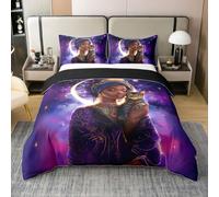 Manfei Set di biancheria da letto per ragazzi e ragazze con grazioso gatto galassia, copripiumino estetico da sogno, viola, decorazione per camera da letto, 3 pezzi, matrimoniale, 100% cotone, senza