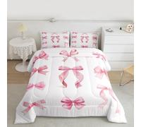 Manfei Set di biancheria da letto singolo con fiocco rosa, 2 pezzi, per bambini, ragazze, ragazzi e donne, decorazione per la camera da letto, copripiumino trapuntato Kawaii Princess Girly ultra