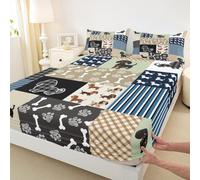 Manfei Simpatici bassotti per bambini, per letto singolo, motivo geometrico a griglia blu navy, 2 pezzi, decorazione per camera da letto di ragazzi e ragazze, lenzuolo con tasca profonda per cuccioli