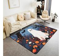 Manfei Tappeto con fantasma, acquerello, fiori, foglie e pipistrelli, per interni, per bambini, ragazzi e ragazze, decorazione per la stanza di Halloween, antiscivolo, assorbente, 120 x 90 cm