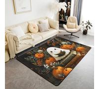 Manfei Tappeto con fantasma, motivo acquerello, fiori, zucche, per interni, ingresso, per bambini, ragazzi e ragazze, decorazione per la stanza di Halloween, antiscivolo, assorbente, 120 x 90 cm