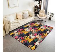 Manfei Tappeto con motivo cane e fiore ad acquerello floreale, per interni, per ingresso, per bambini, ragazzi e ragazze, stile vintage, antiscivolo, assorbente, 120 x 90 cm (rettangolare)