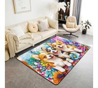 Manfei Tappeto con simpatici cani Corgi, tappeto per interni e ingresso per bambini, ragazzi e ragazze, decorazione per la stanza dei bambini, fiori ad acquerello, antiscivolo, assorbente, 1,2 m x 90