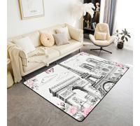 Manfei Tappeto con torre Eiffel, decorazione architettonica francese, non perde pelo, per bambini, ragazze, donne, rosa, rosa, farfalla, stile romantico, antiscivolo, per letto e divano, 7,6 x 15,2 cm