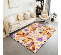 Manfei Tappeto con volpi carine e fiori viola, per interni, per ingresso, per bambini, ragazzi e ragazze, decorazione per la stanza di bambini, animali in stile cartone animato, motivo floreale