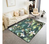 Manfei Tappeto leopardato con foglie di palma tropicale, botanico, tappeto per interni, tappeto per ingresso per bambini, ragazzi e ragazze, tappeto assorbente, antiscivolo, motivo animali della