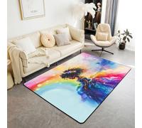 Manfei Tappeto nero per soggiorno, camera da letto, con fiori ad acquerello arcobaleno, morbido e accogliente, tappeto decorativo con principessa africana, colorato, 3 x 5 cm