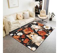 Manfei Tappeto per interni e ingresso con graziosi gatti, motivo floreale con fiori arancioni e bianchi, decorazione per la stanza di bambini, ragazzi e ragazze, con stampa di animali floreali