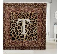 Manfei Tenda da doccia in tessuto con stampa leopardata, con monogramma lettera T, tenda da doccia per bagno, tenda da doccia impermeabile con texture a pelle di animali selvatici, lunghezza 183 cm
