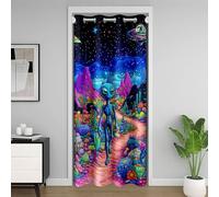 Manfei Tenda per porta con alieni UFO per la privacy, con fiori e cactus colorati, tenda oscurante per camera da letto, stile hippie, acquerello, blu, viola, verde, 106 x 213 cm (larghezza x lunghezza